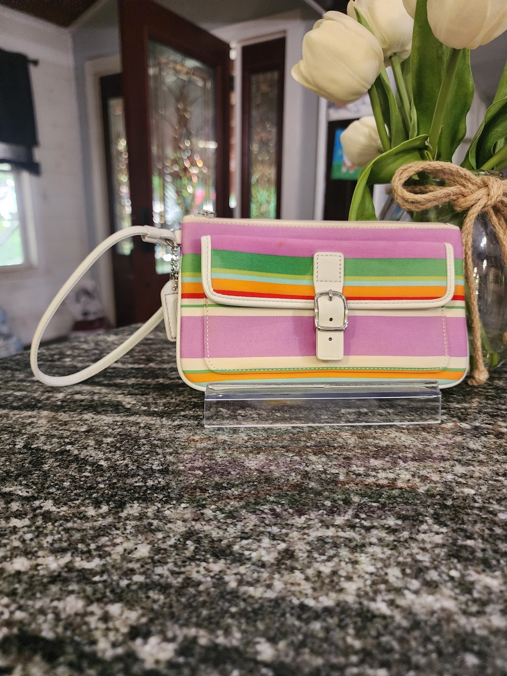 Coach Hampton Pink Striped Wristlet Clutch with White Trim